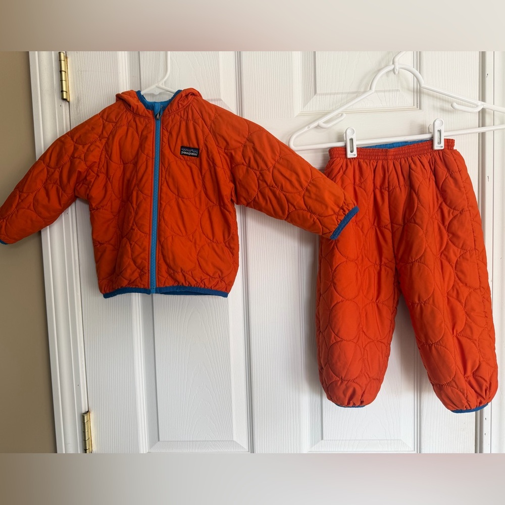 Patagonia Orange Quilted Jacket and Pants with Blue Trim Size 18-24 mo.